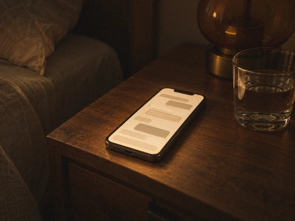 Celular aceso sobre a mesa de cabeceira de madrugada, com uma conversa na tela, ao lado de um copo d'água.