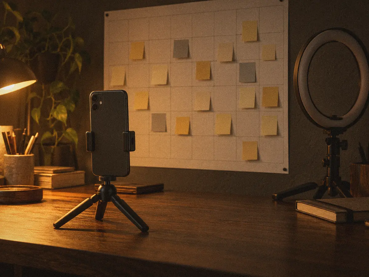 Celular num tripé de mesa diante de um calendário de parede coberto de bilhetes adesivos, com um ring light apagado ao lado.