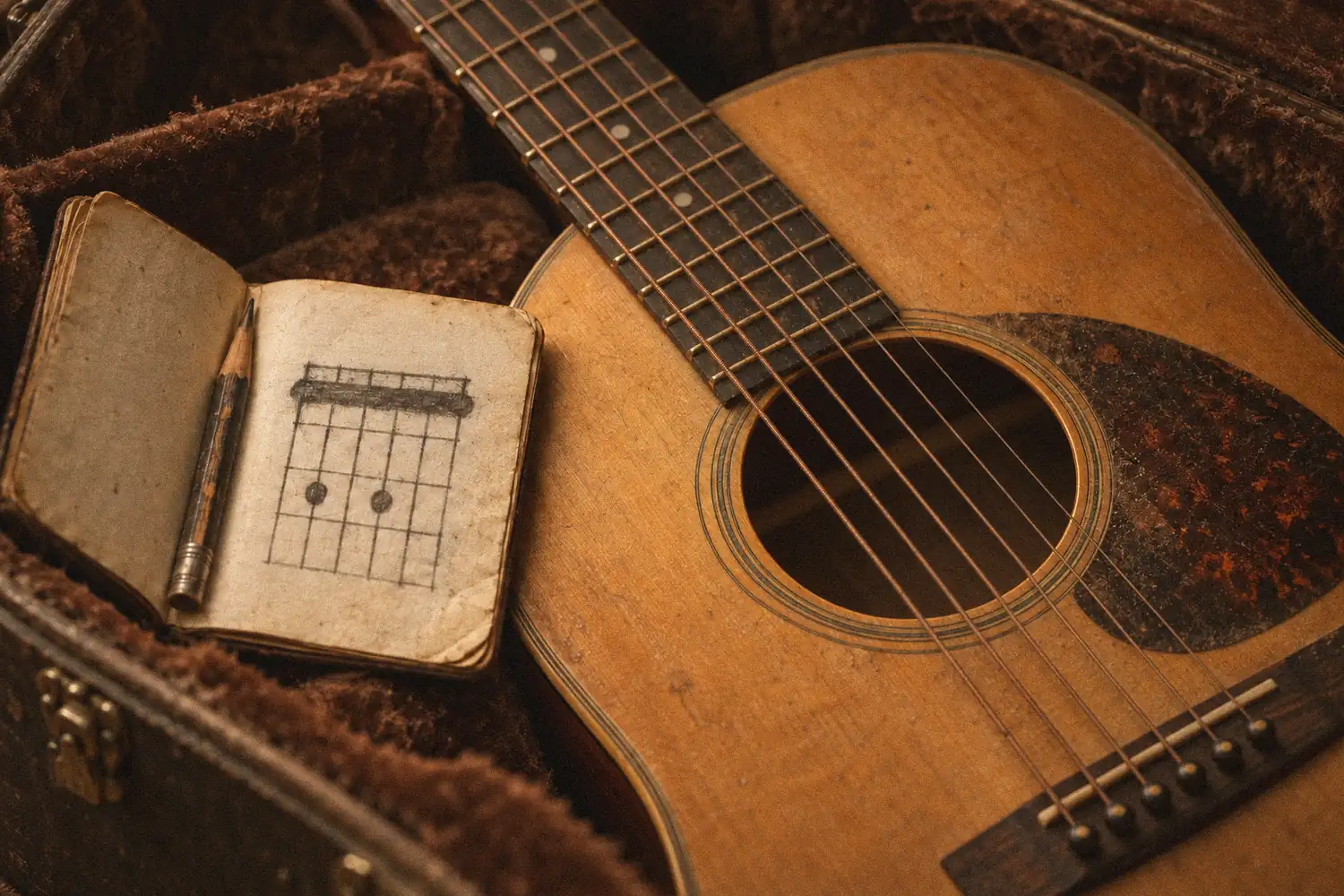 Violão de aço encostado numa cadeira de madeira à noite, com um caderno de cifras aberto e uma palheta no chão.